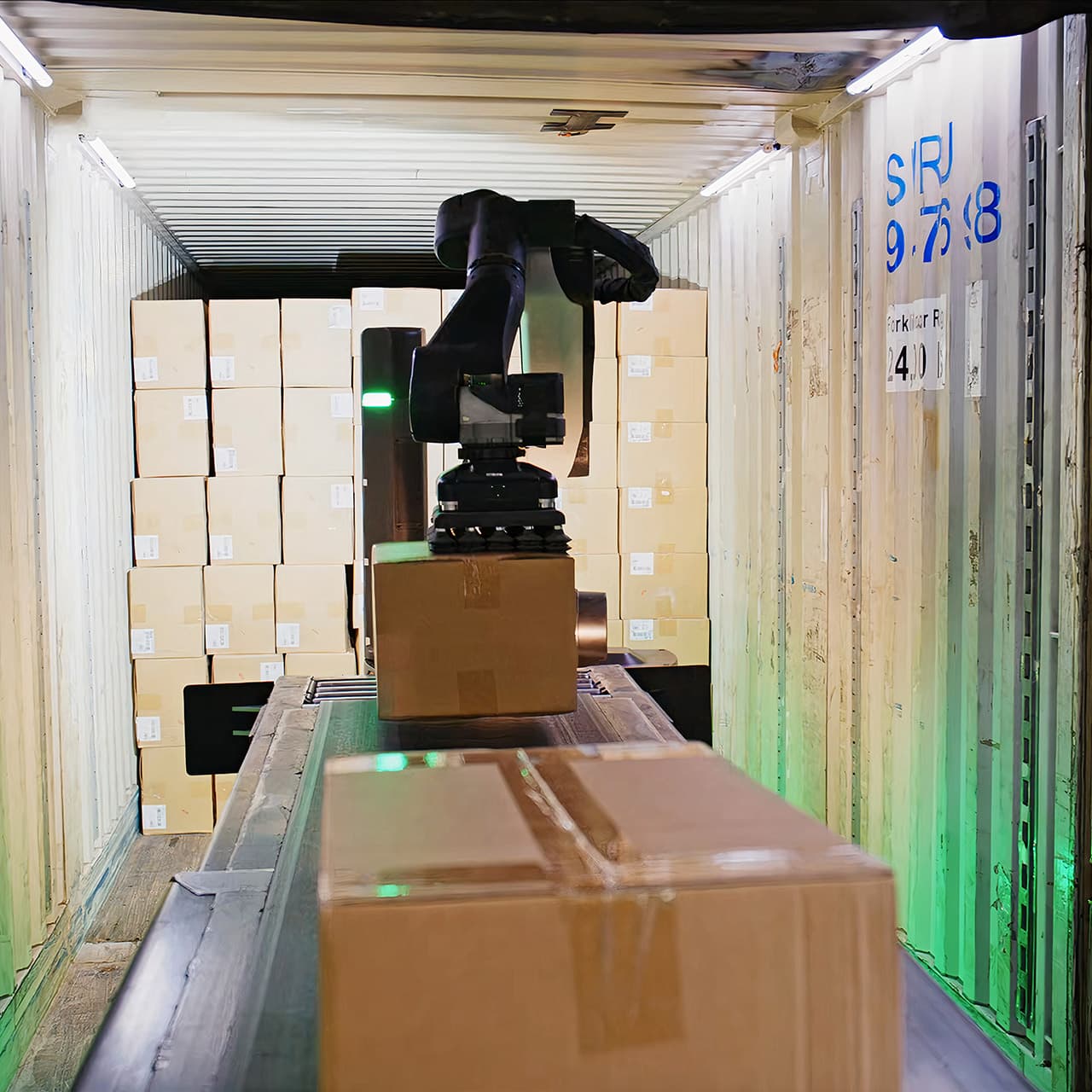 Exact Boston Dynamics Stretch unloading boxes.